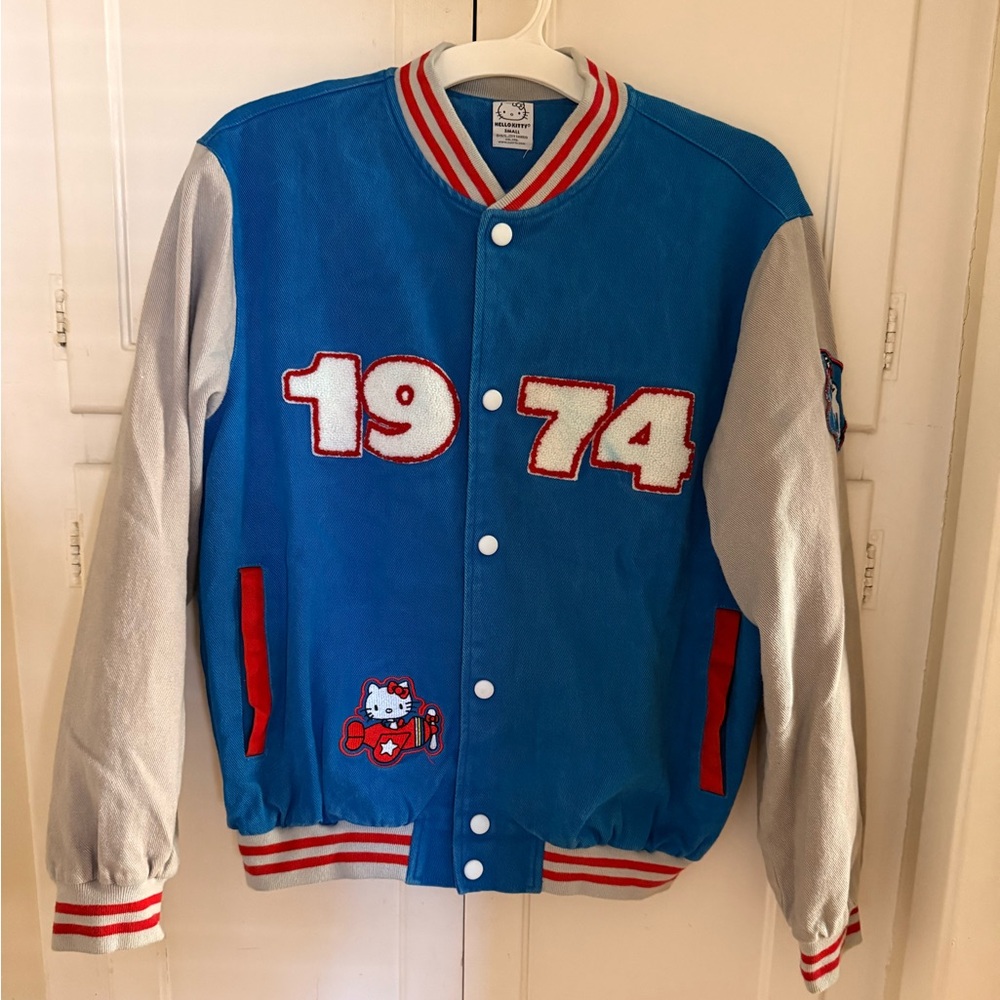 Hello Kitty Varsity Jacket in Blue and Gray with Red Details